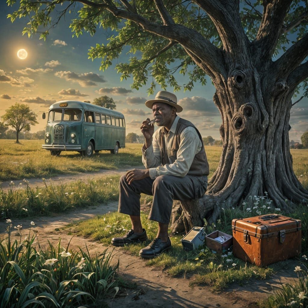 Old Man Plays Harmonica Under Harvest Moon Near Ghostly Bus