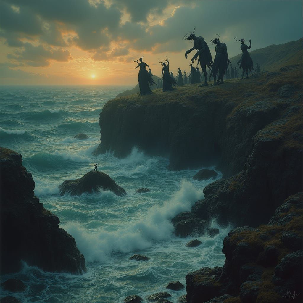 Mannerist Demons in a Haunting Oceanscape at Dusk