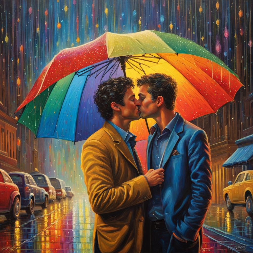 Romantic Kiss Under Rainbow Umbrella as Impasto Painting