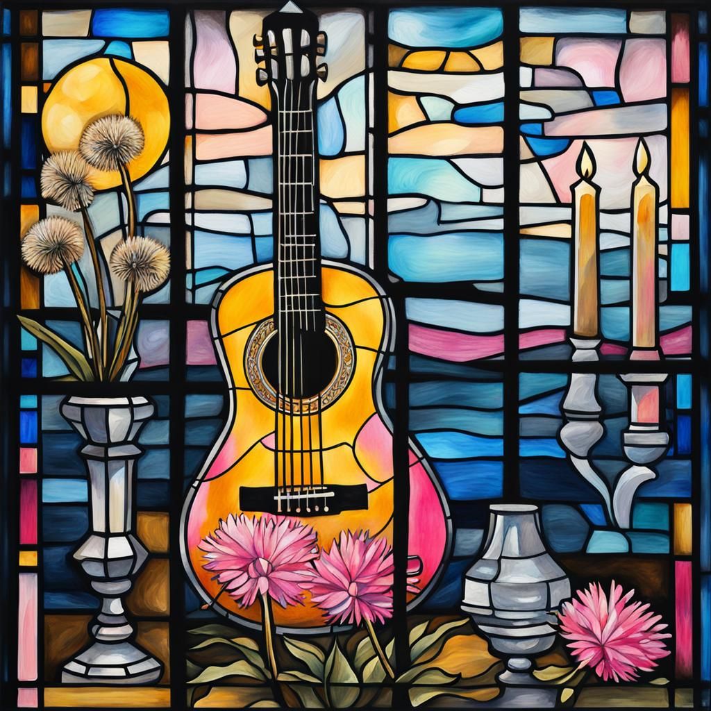 Stained Glass Guitar and Dandelion in Gouache Style