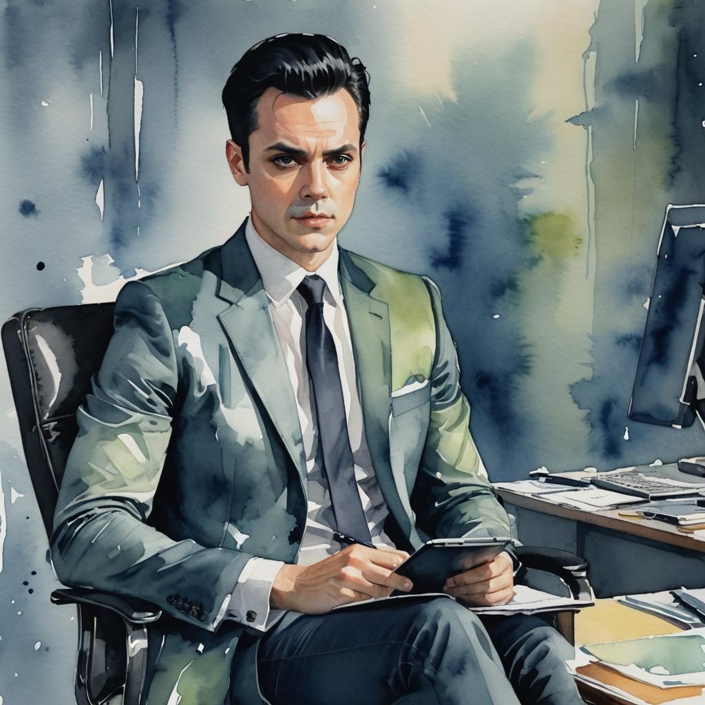Man in Director's Office: Watercolor Style