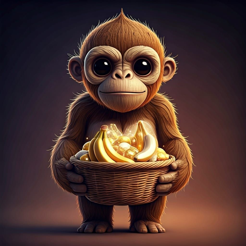 Magical Golem Offers Sparkling Bananas in Synthwave Lighting