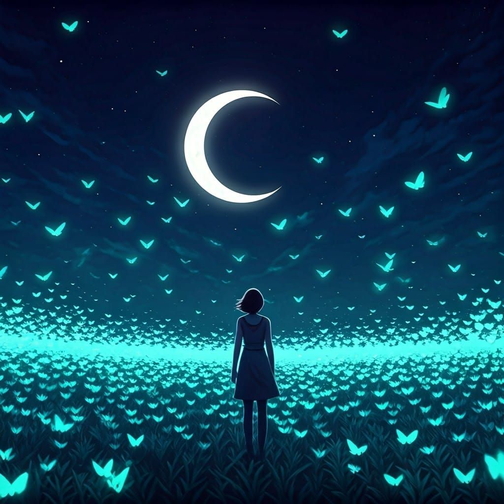 Luminous Butterflies in Moonlit Field, Dreamlike Digital Art