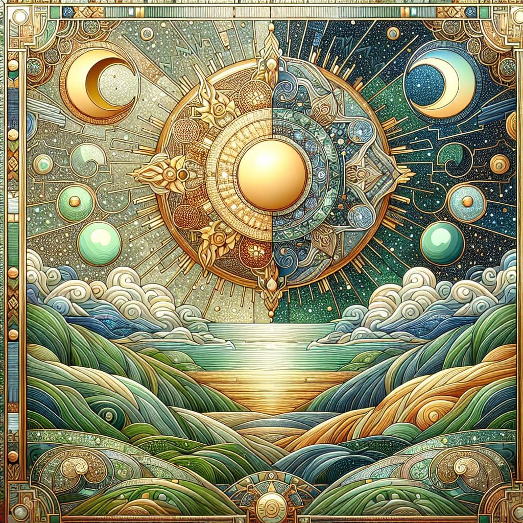 Art Deco Mosaic Landscape with Sun and Moon