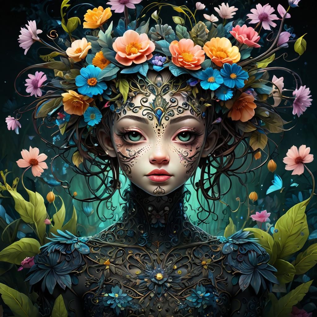 Whimsical Floral Humanoid in Dark Spring Horror