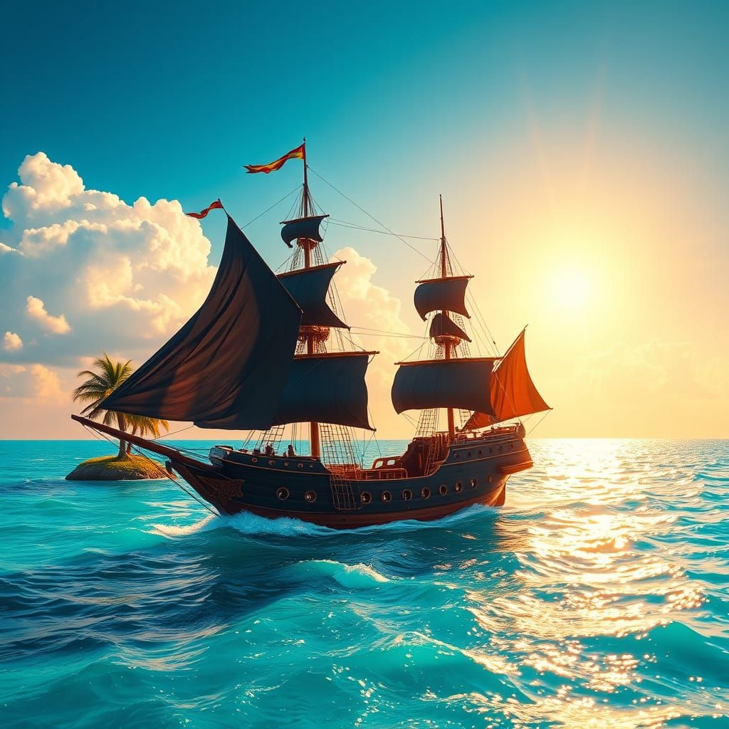Majestic Pirate Ship Sails Turquoise Sea in Golden Light
