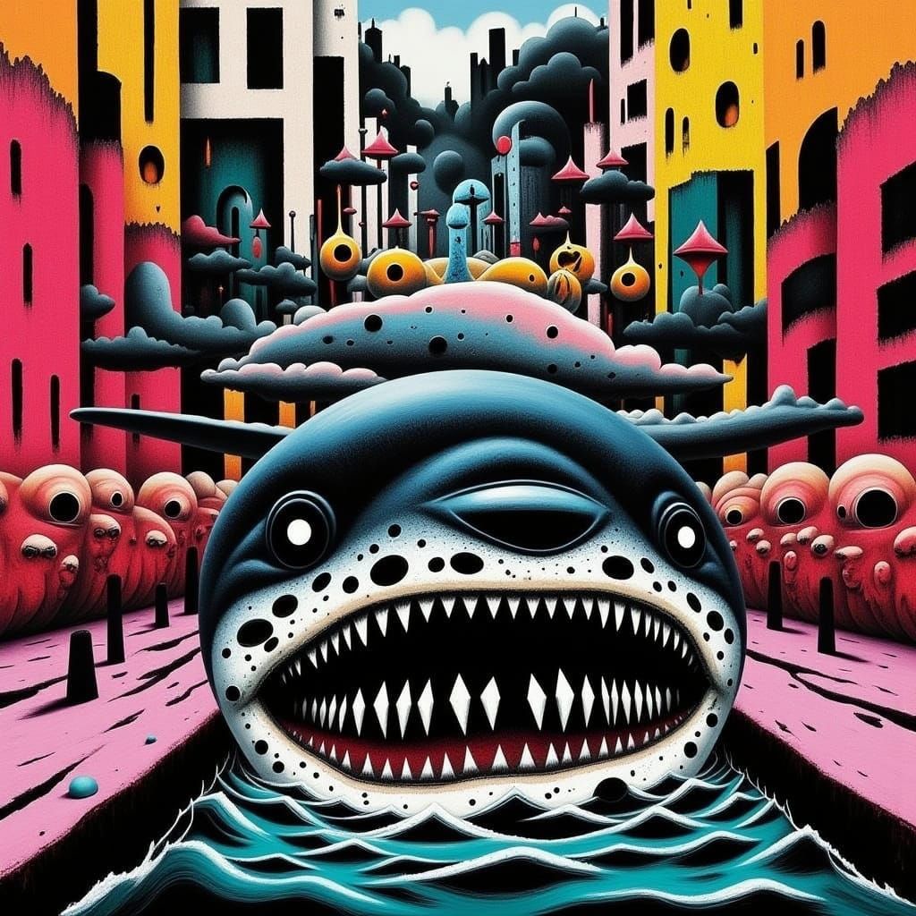 Pop Art Shark Swims Through Abstract Cityscape