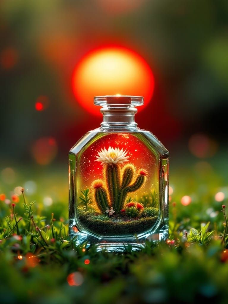 Ethereal Desert Sunset Scene with Crystal Carafe and Fairy