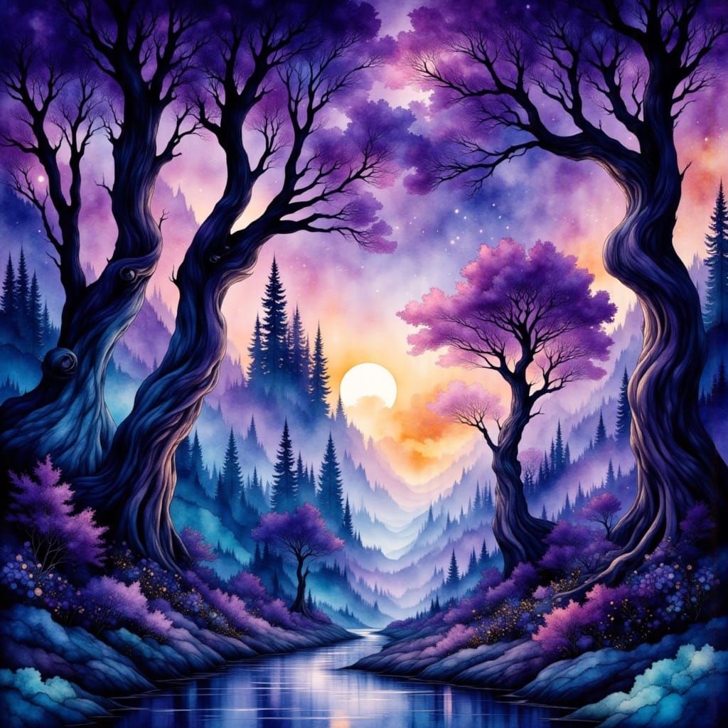 Resplendent Inkwash Forest Under Rainbow Sky