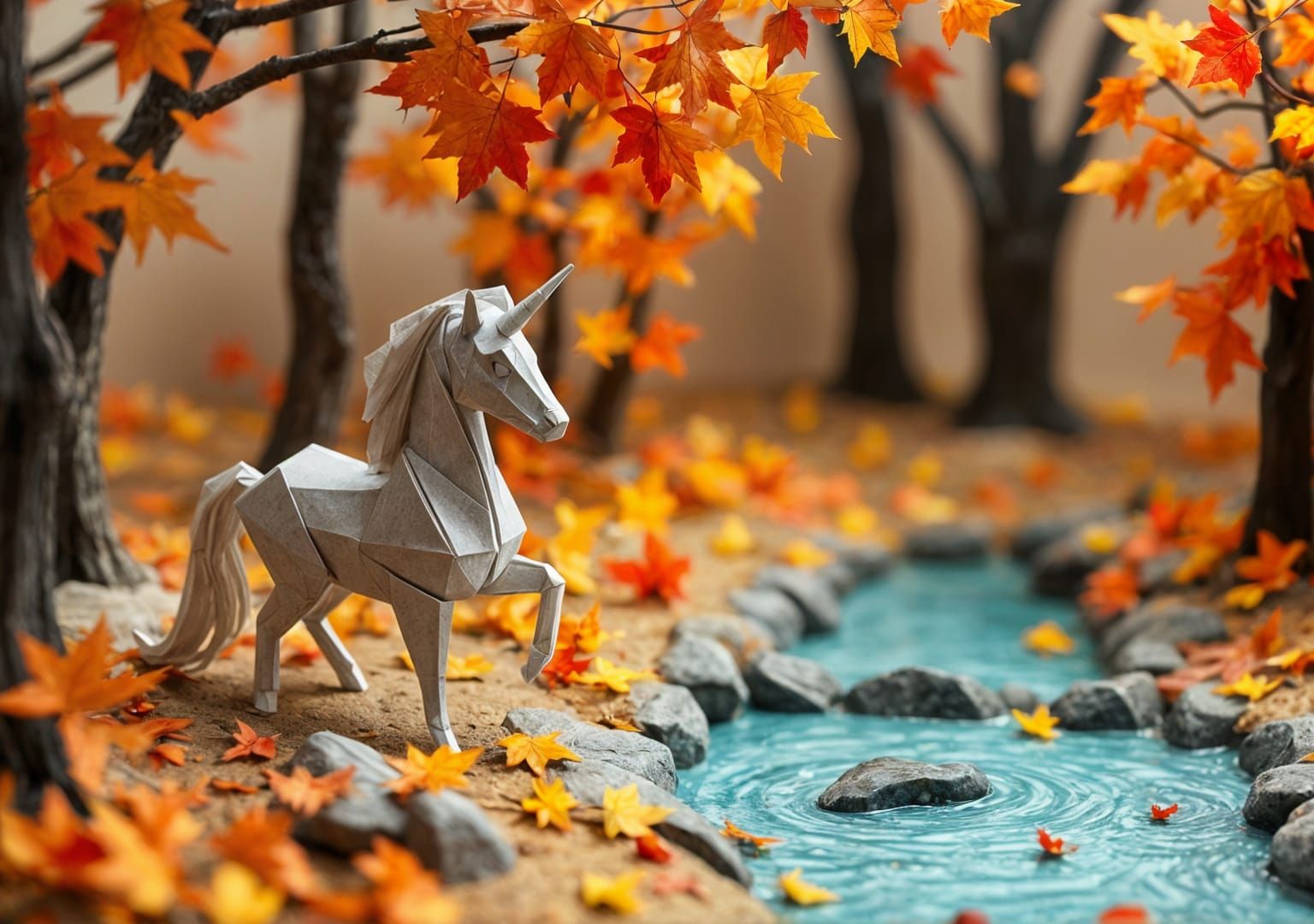 Hyperdetailed Origami Fall Scene with Paper Unicorn