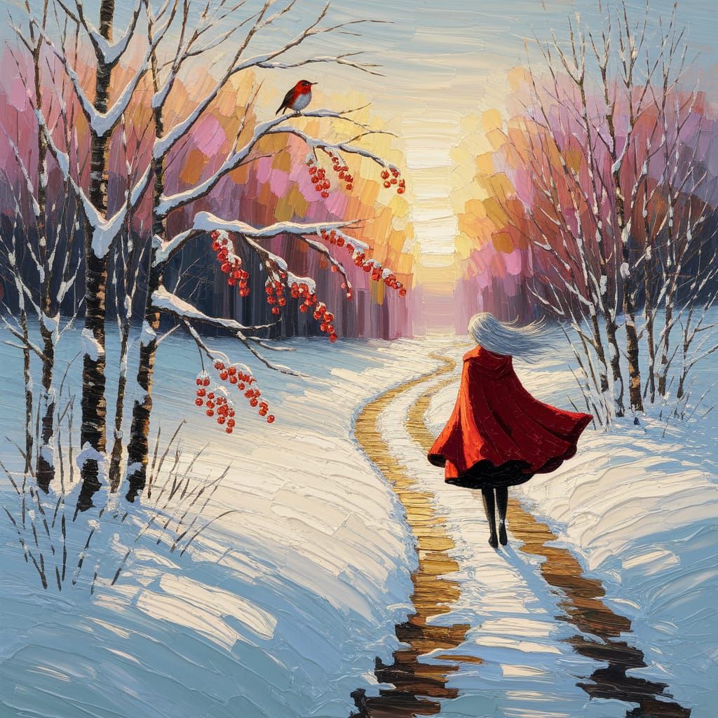 Robin in Winter Landscape as Impasto Oil Painting