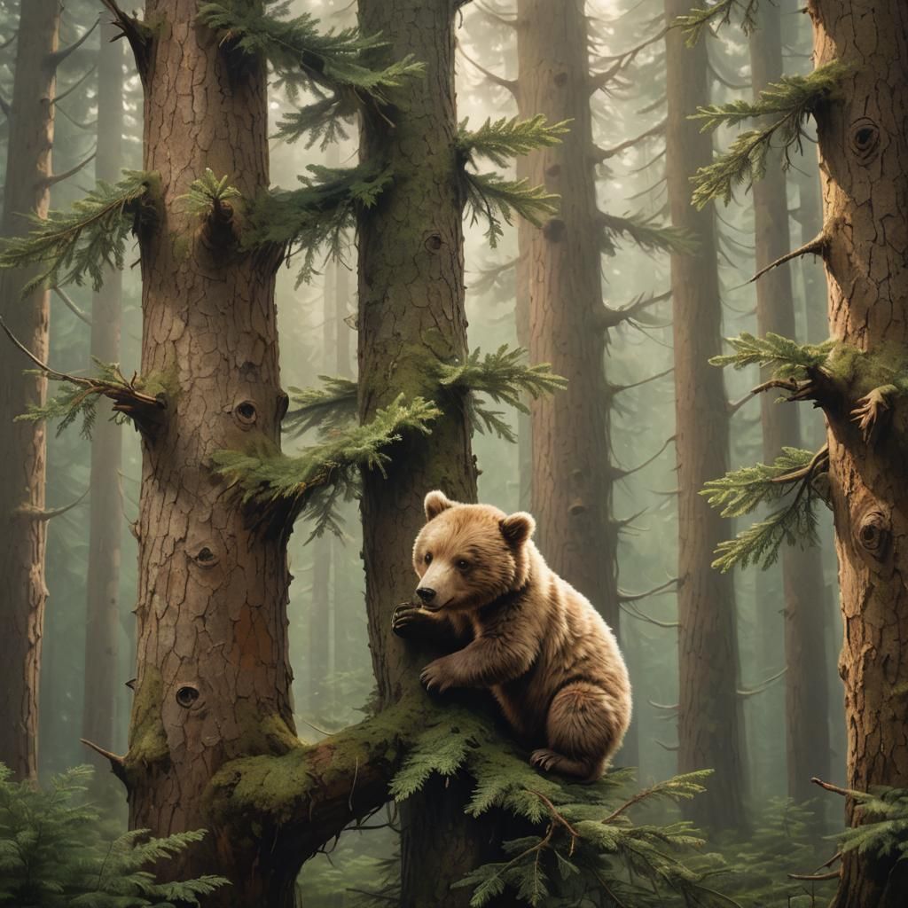 Bear Cub Climbing Tree in Dreamy Forest Art