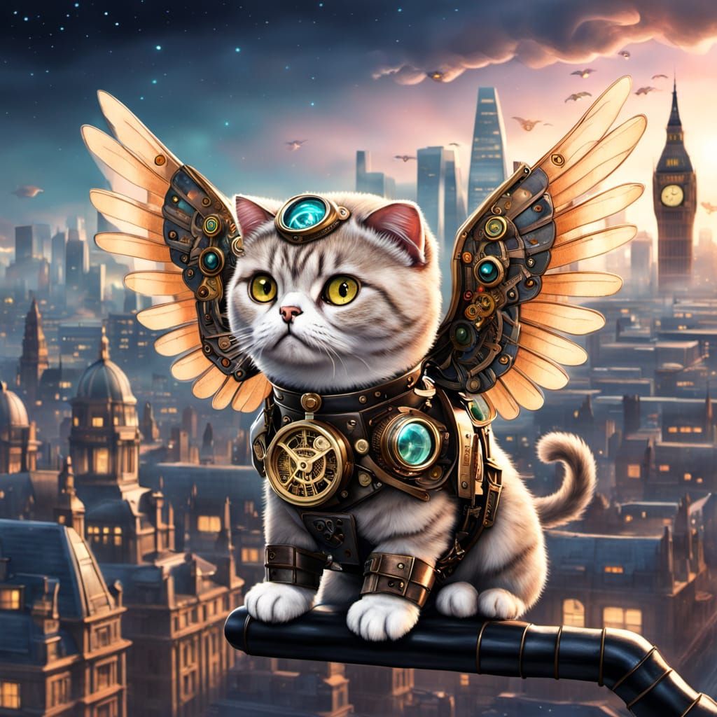 Steampunk Scottish Fold Soaring Over London