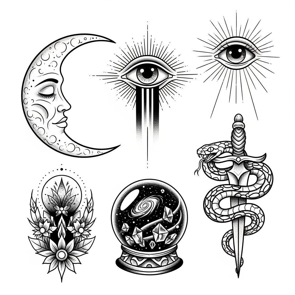 Mystical Tattoo Sheet with Crescent Moon and Snake