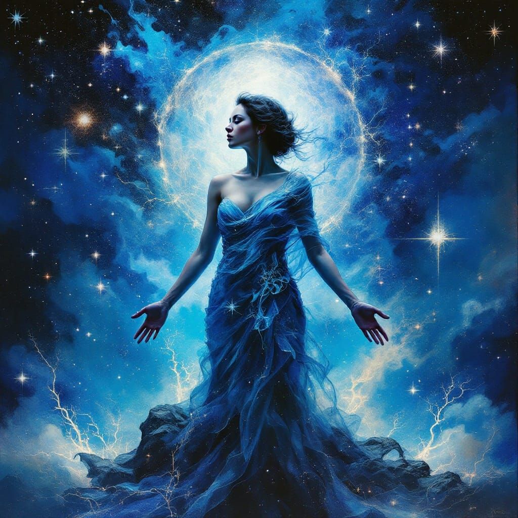 Astonishing Blue Cosmic Painting with Vibrant Brushstrokes a...