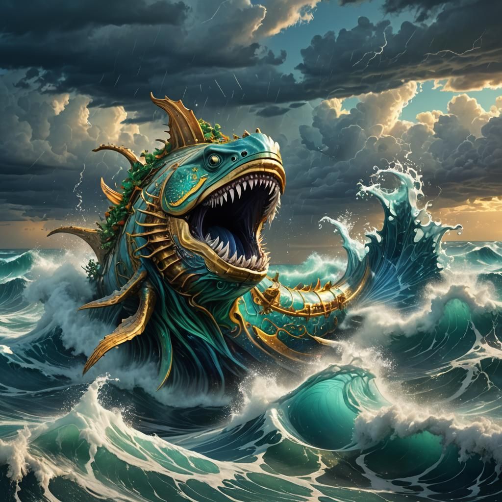 Sea Creature Dances Near Shipwreck in Vibrant Digital Art