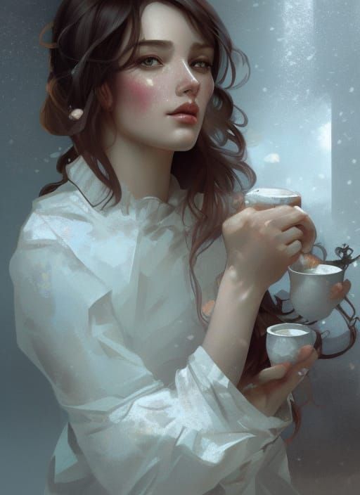 Girl Sipping Tea, Winter Window View, Art Nouveau Style