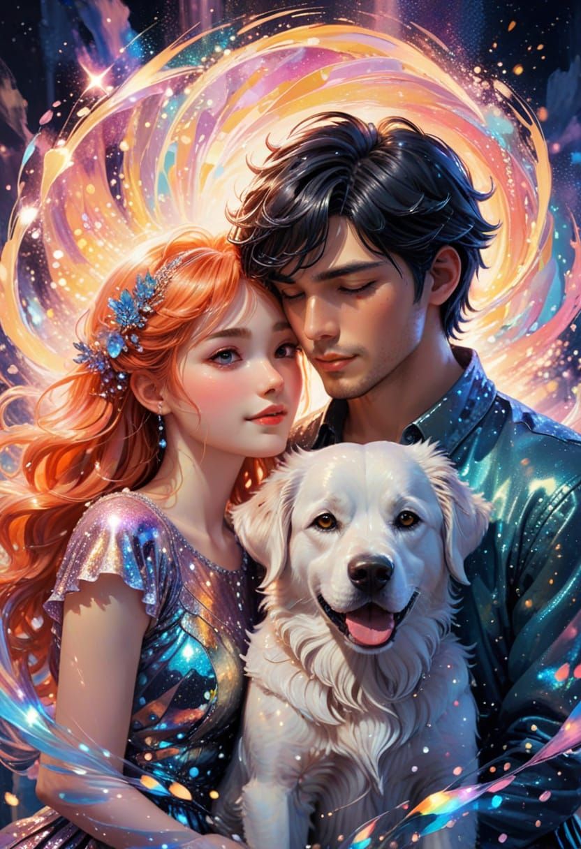 Magical Couple and Dog in Vibrant Neon Fantasy Portrait