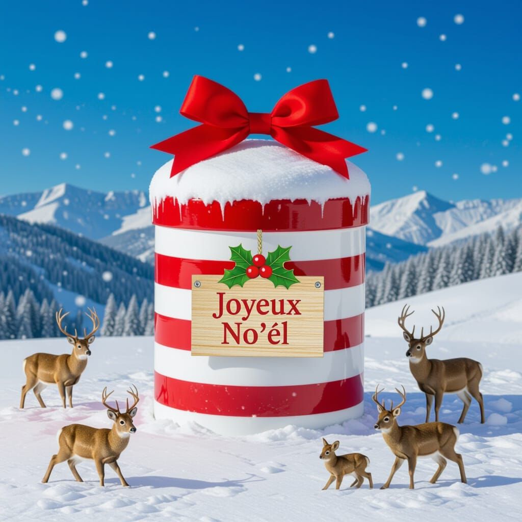 Festive Candy Cane in Snowy Landscape with Woodland Animals