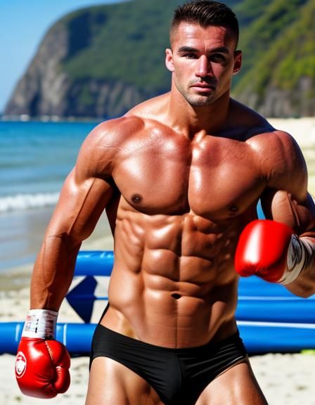 Muscular Boxer on Beach Training