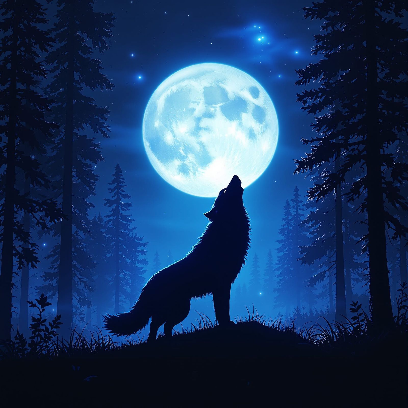 Bioluminescent Wolf Howling at Moonlit Sky