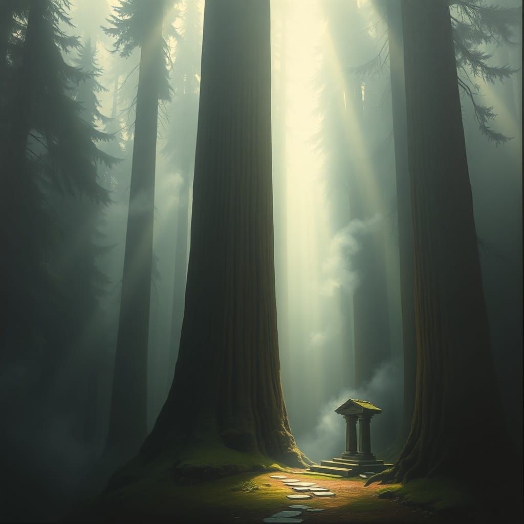 Ancient Redwood Forest in Ethereal Fog