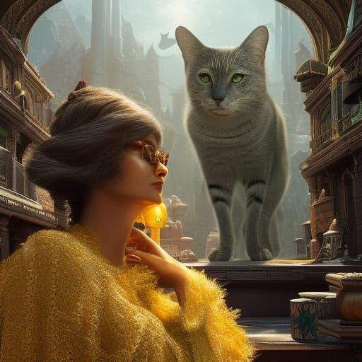 Surreal Cat-Faced Woman Drawing with Bird