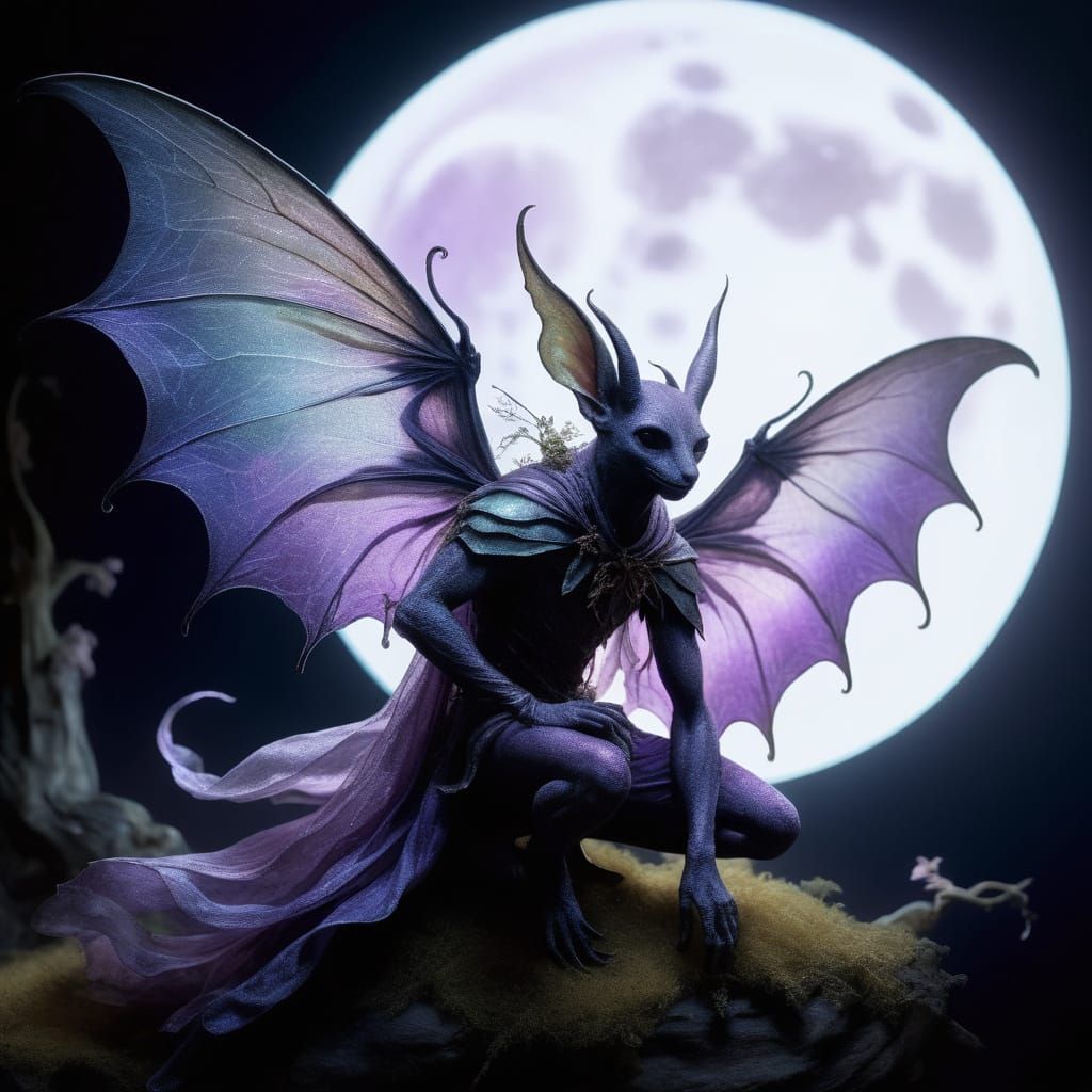Moonlit Whimsy: Iridescent Fairy Rides Majestic Bat in Soft,...
