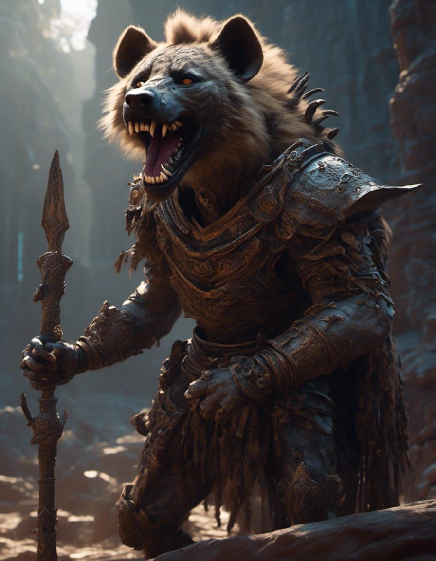 Ferocious Hyena Warrior with Bone Weapon in Dark Fantasy Art
