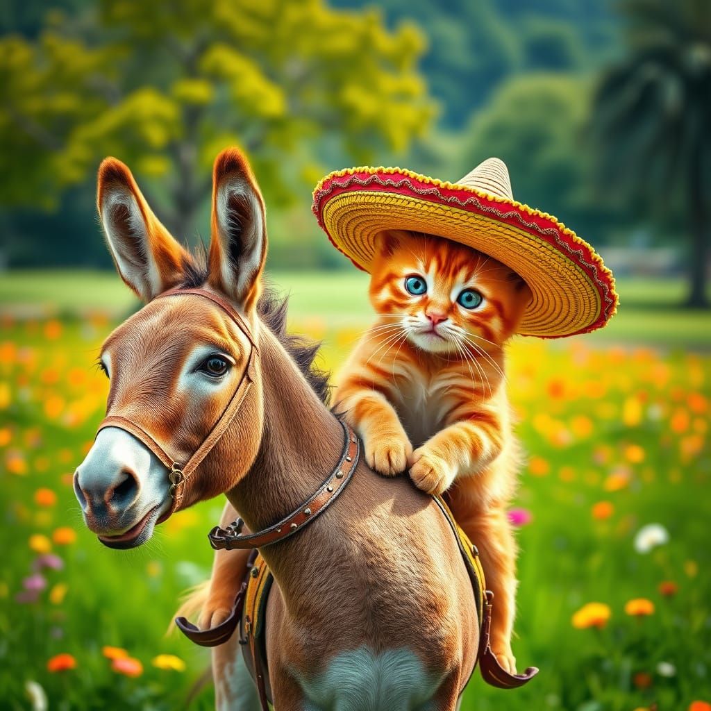 Cat wearing a sombrero riding a donkey