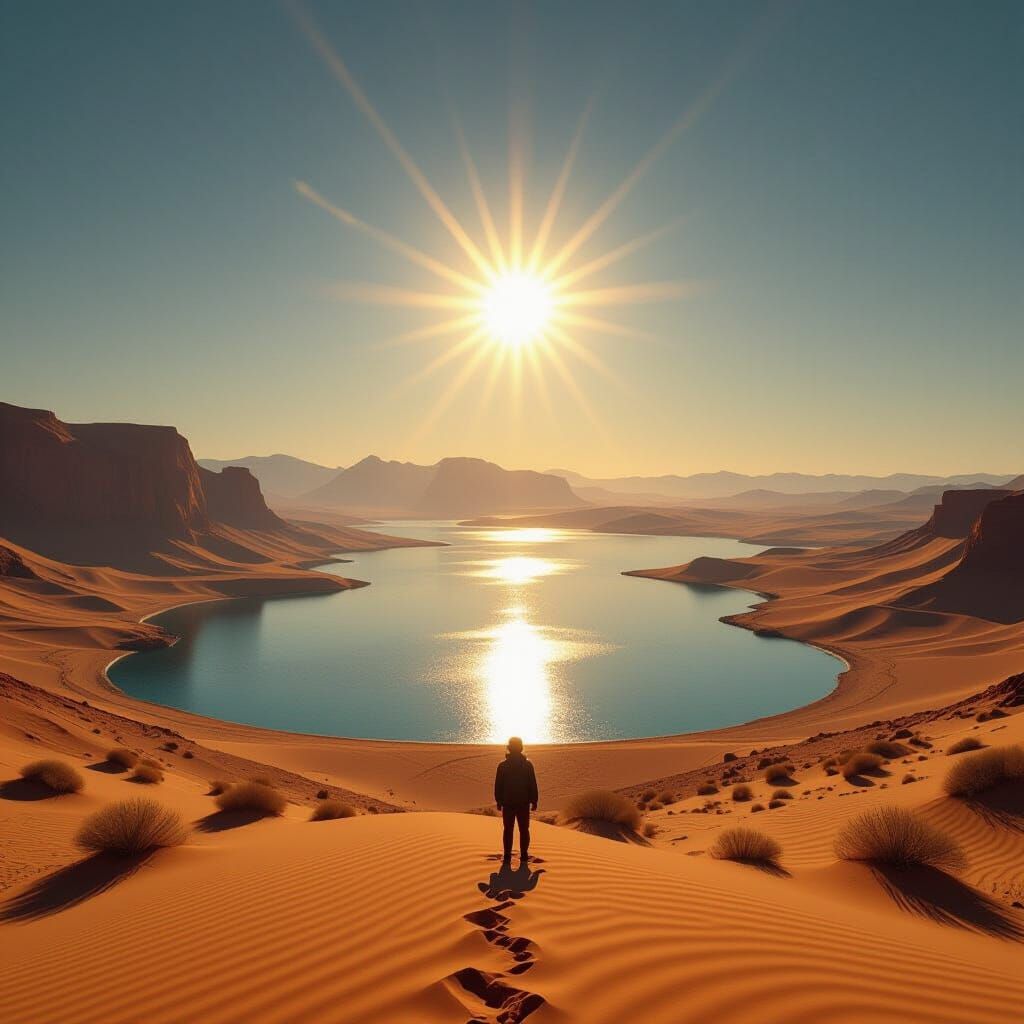 Desert Sunset with Mountains and Illusory Ocean