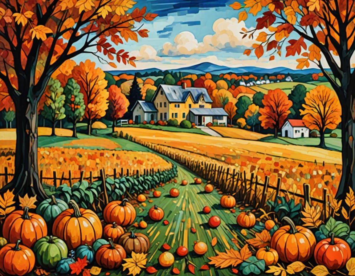 Expressionistic Autumn Harvest in Mixed Media Style