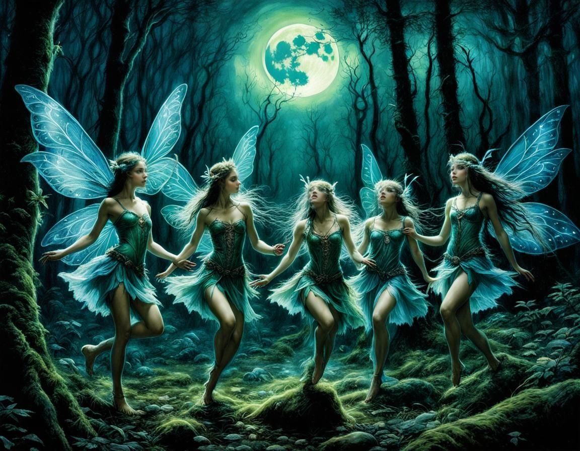 Fairies Dancing in Moonlit Forest, Illustration