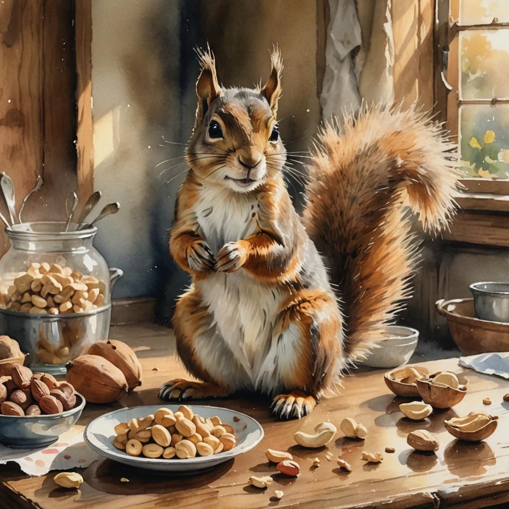 Squirrel in Victorian Kitchen Watercolor Painting