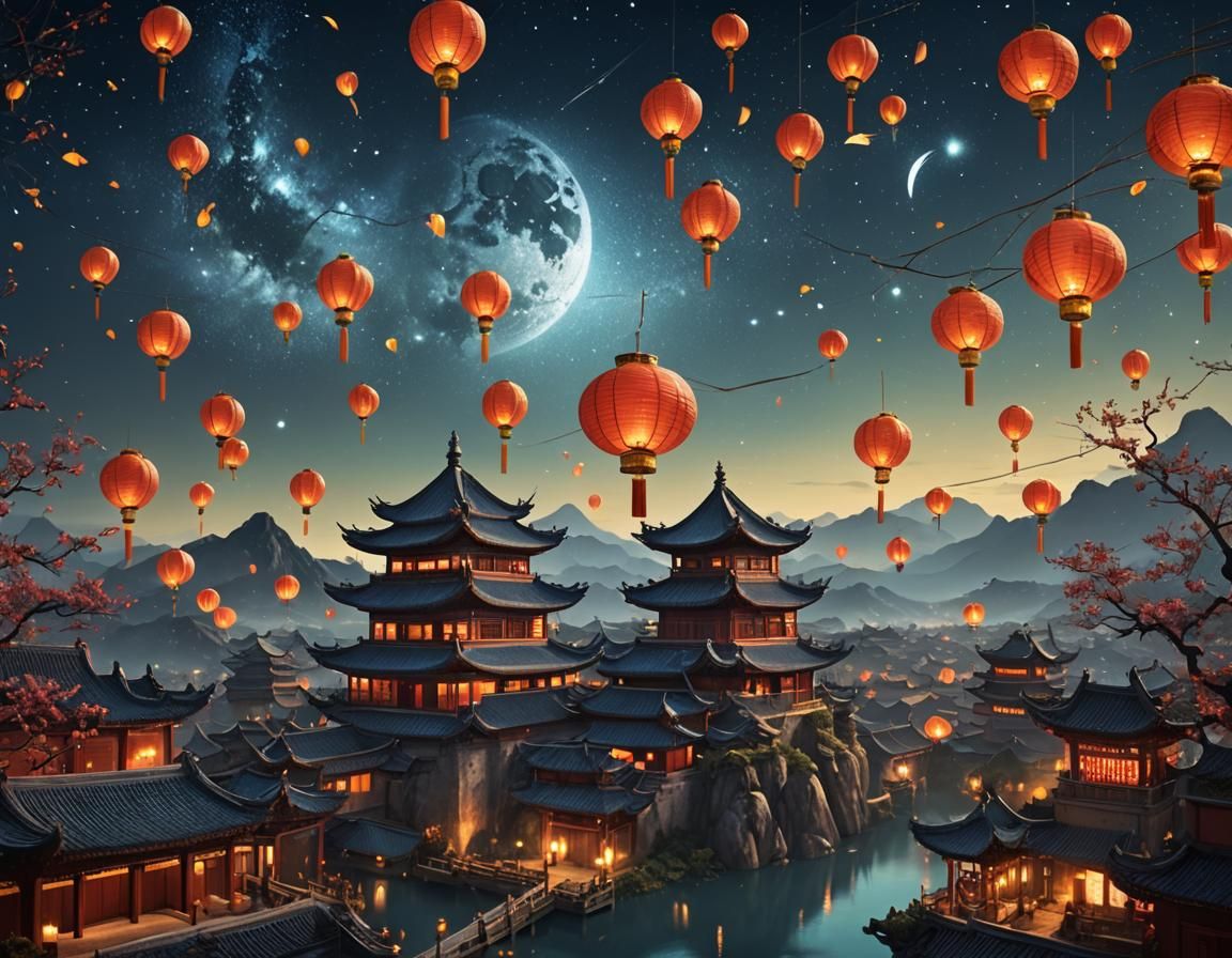 Chinese Lanterns Under Starry Sky: Fantasy Concept Art