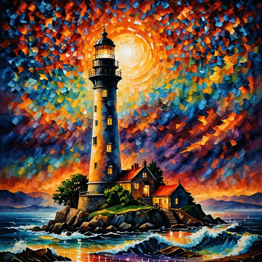 Lighthouse Pointillism Folk Art in Deep Colors