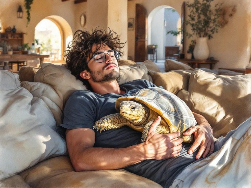 Latino Man Napping with Tortoise in Watercolor Style