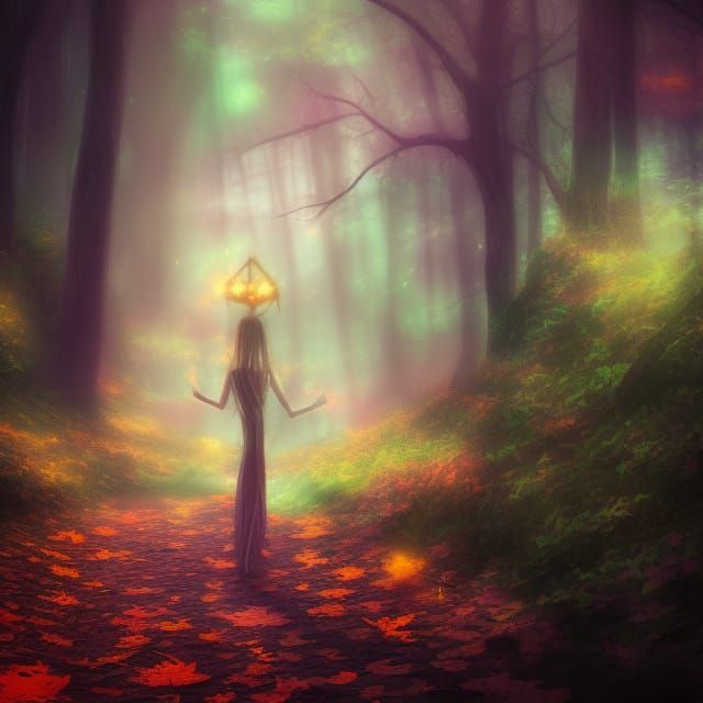 Magical Fairy Scene on Autumn Rain, Fantasy Art