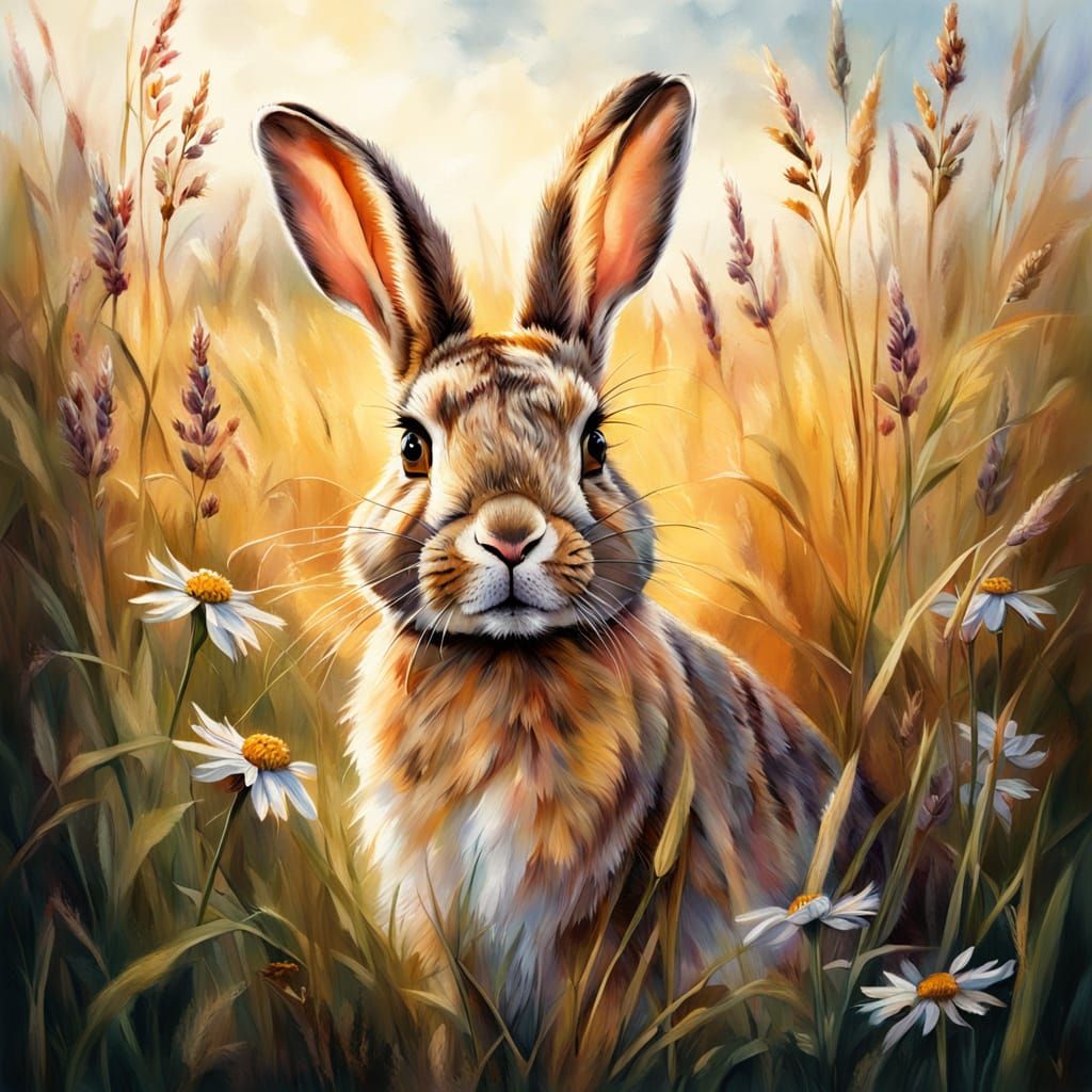Rabbit Portrait in Golden Light, Oil Painting Style