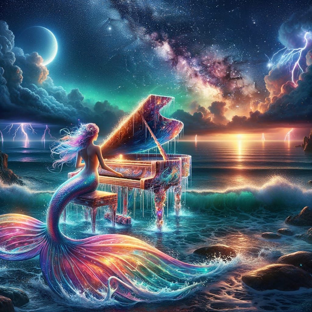 Mermaid Playing Piano by Moonlit Ocean