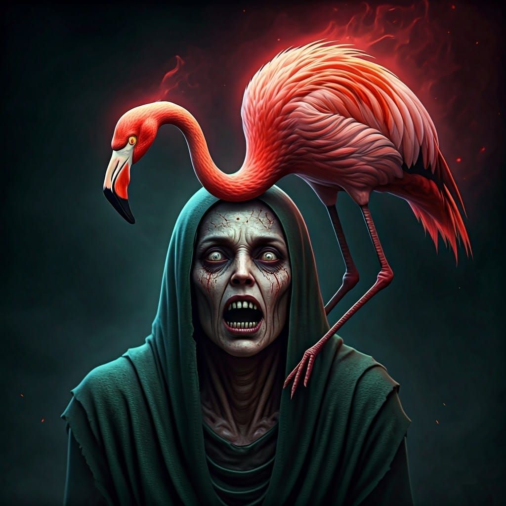 Cyberpunk Alien Woman Faces Deadly Flamingo Attack