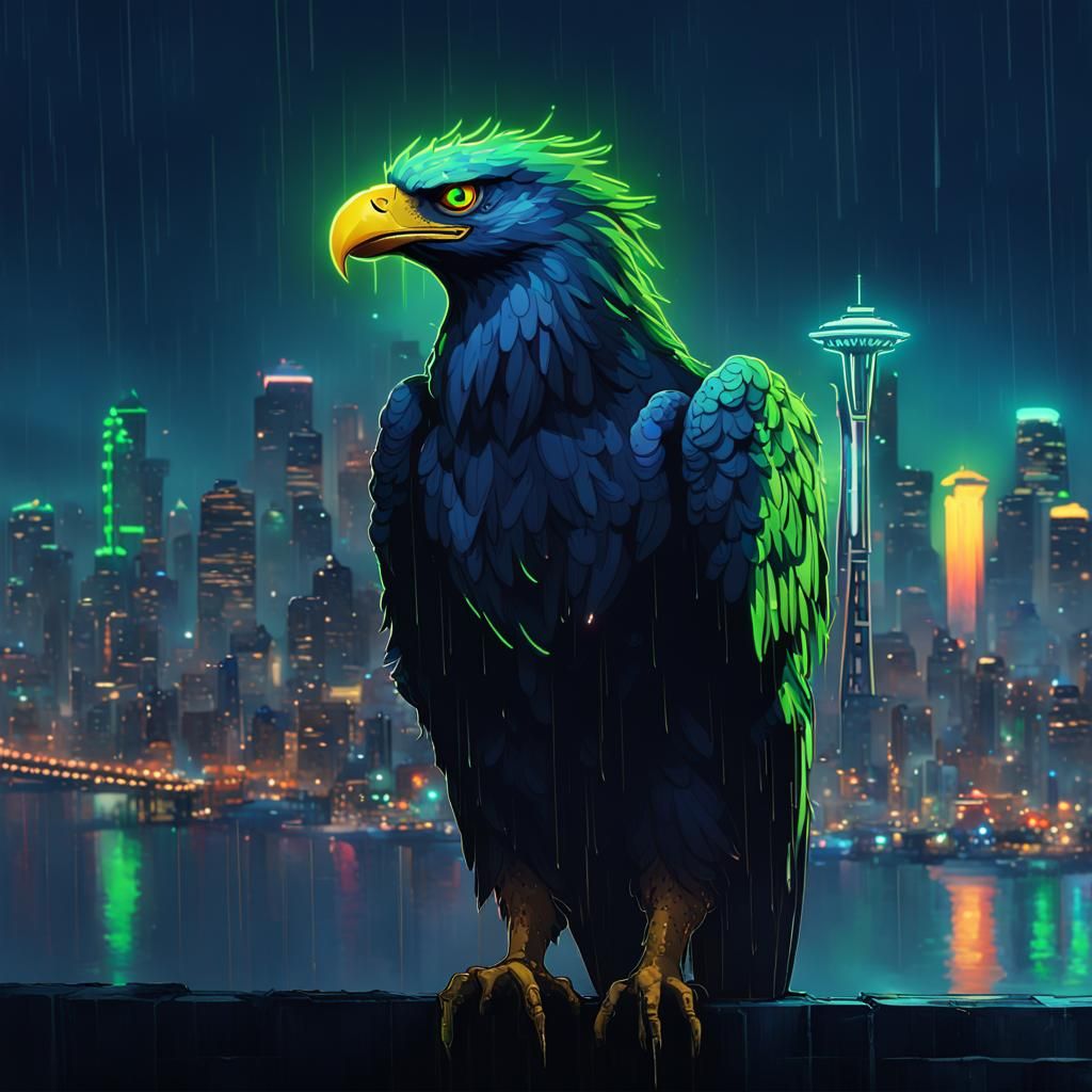 Cyberpunk Eagle Overlooking Seattle in the Rain