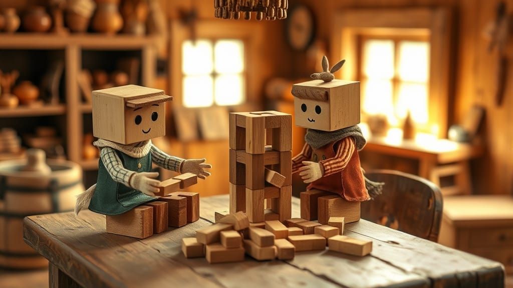 Whimsical Wooden Block Characters Playing Jenga