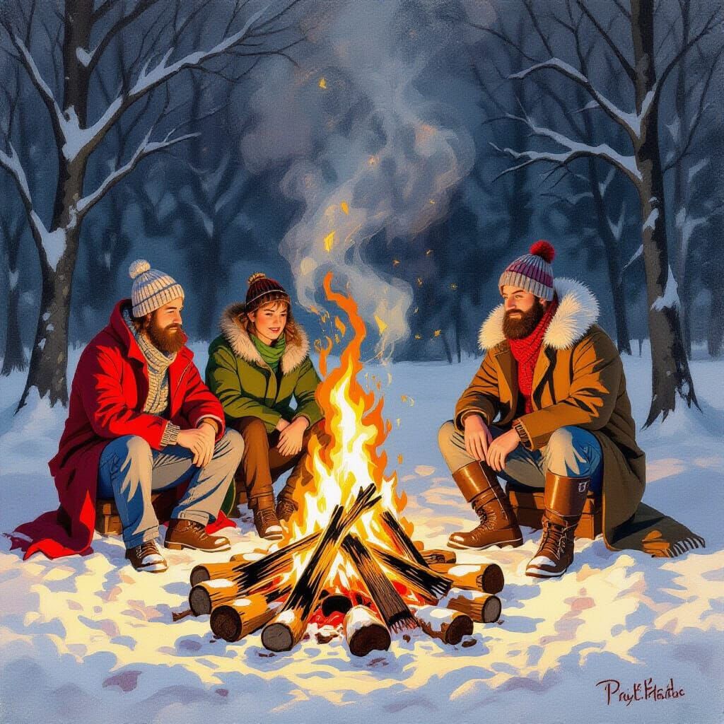 Dramatic Bonfire of the Vanities, Gouache Painting