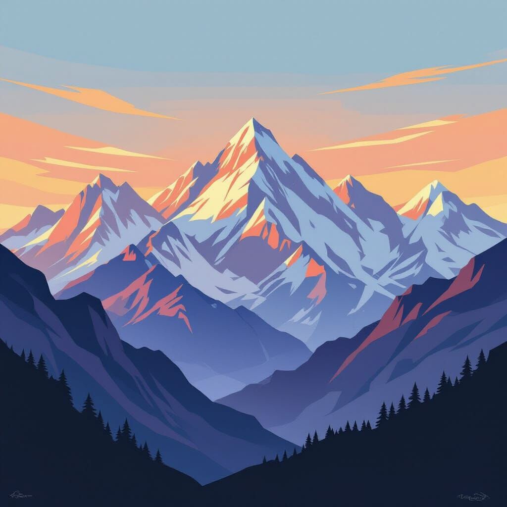 Mountains in Morning Light: Cubist Art Deco Painting