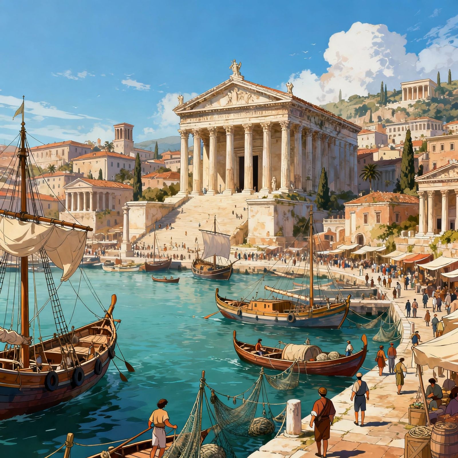 Ancient Roman Harbor with Galleons in Manga Style