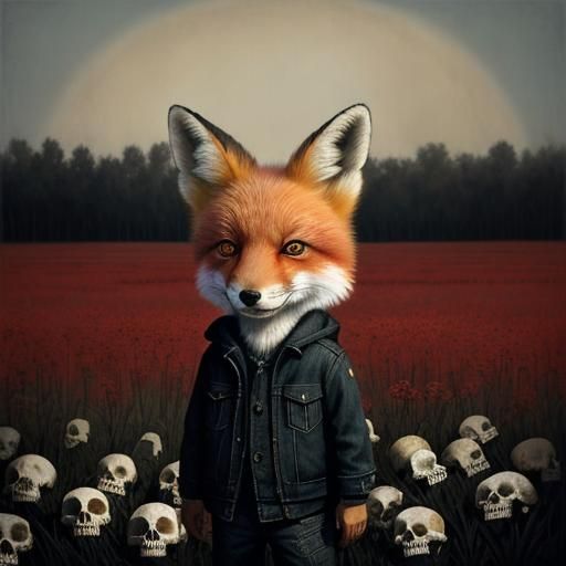 Crying Fox with Heart in Skull Field
