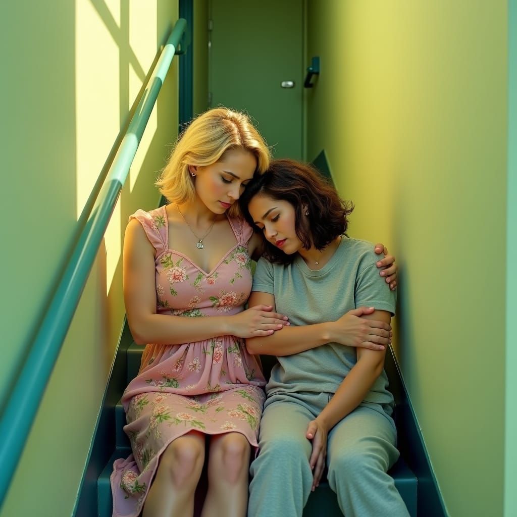 Two Women in Hospital Stairwell, Wes Anderson Style