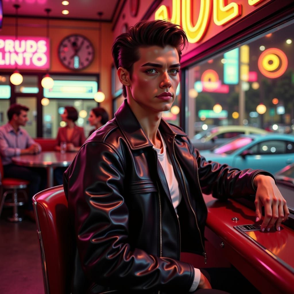 1950s Greaser in Diner with Neon Lights, Retro Photography
