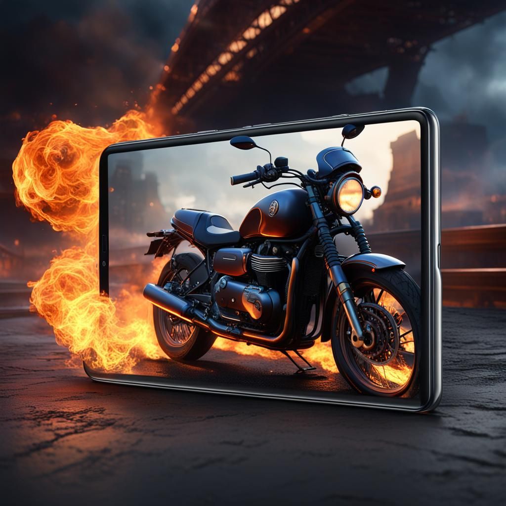 Fiery Motorcycle on Tablet Screen in 3D